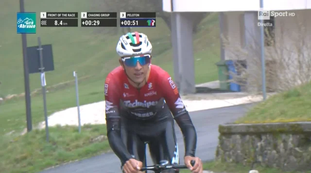🔥 Dopo buone giornate al Giro d’Abruzzo con i professionisti, sintomo di gamba in crescendo, oggi una classica internazionale U23 in Veneto.
👏 In Abruzzo, bravissimi i nostri Alessandro Cattani (17° in classifica generale e sempre tra i migliori) e Marco Martini (attivo in più fughe e 13° nell’ultima tappa)!

Ora in gara al Giro del Belvedere a Villa di Cordignano (TV) 🇮🇹
🚴‍♂️ Alunni, Bagnara, Cattani, Scarpelli
ℹ️ 168 km
📺 Differita su Rai Sport alle 19:45 circa

---
🔥 After some solid days at the Giro d’Abruzzo with the pro riders — clear signs of improving form — today we're back at the start line for an international U23 classic in Veneto.
👏 In Abruzzo, good effort by Alessandro Cattani (17th overall and always among the best) and Marco Martini (active in several breakaways and 13th in the final stage)!

Today is Giro del Belvedere in Villa di Cordignano (TV) 🇮🇹
🚴‍♂️ Alunni, Bagnara, Cattani, Scarpelli
ℹ️ 168 km
📺 Replay on Rai Sport at around 7:45 PM

Photo: RaiSport streaming screenshot + photo by Giro d'Abruzzo social media